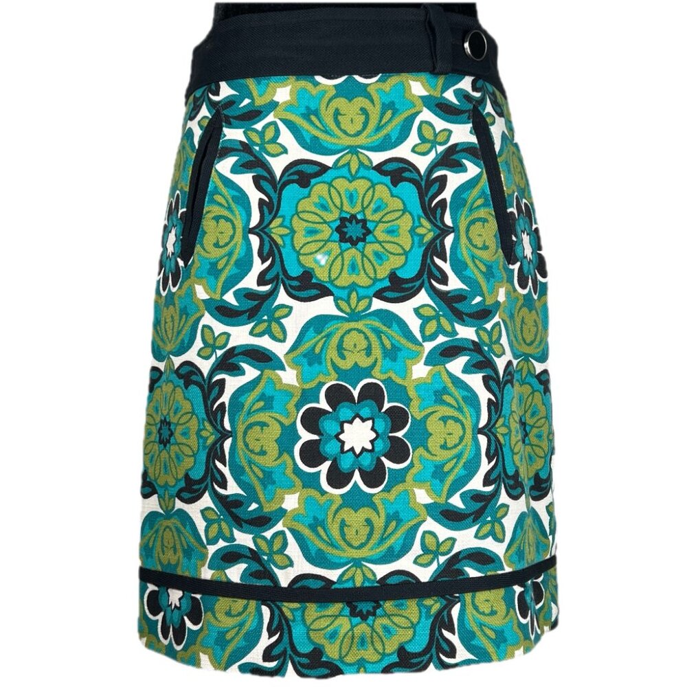 Ann Taylor 2P Silk Blend Skirt Teal Green Floral Medallion Pockets Mod Career